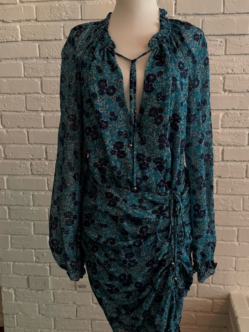 Veronica Beard Teal Blue Floral Long-Sleeve Dress - Picture 2 of 4